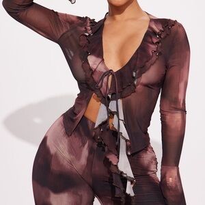 Fashion Nova Sheer Ruffled Tie-Front Blouse - Brown